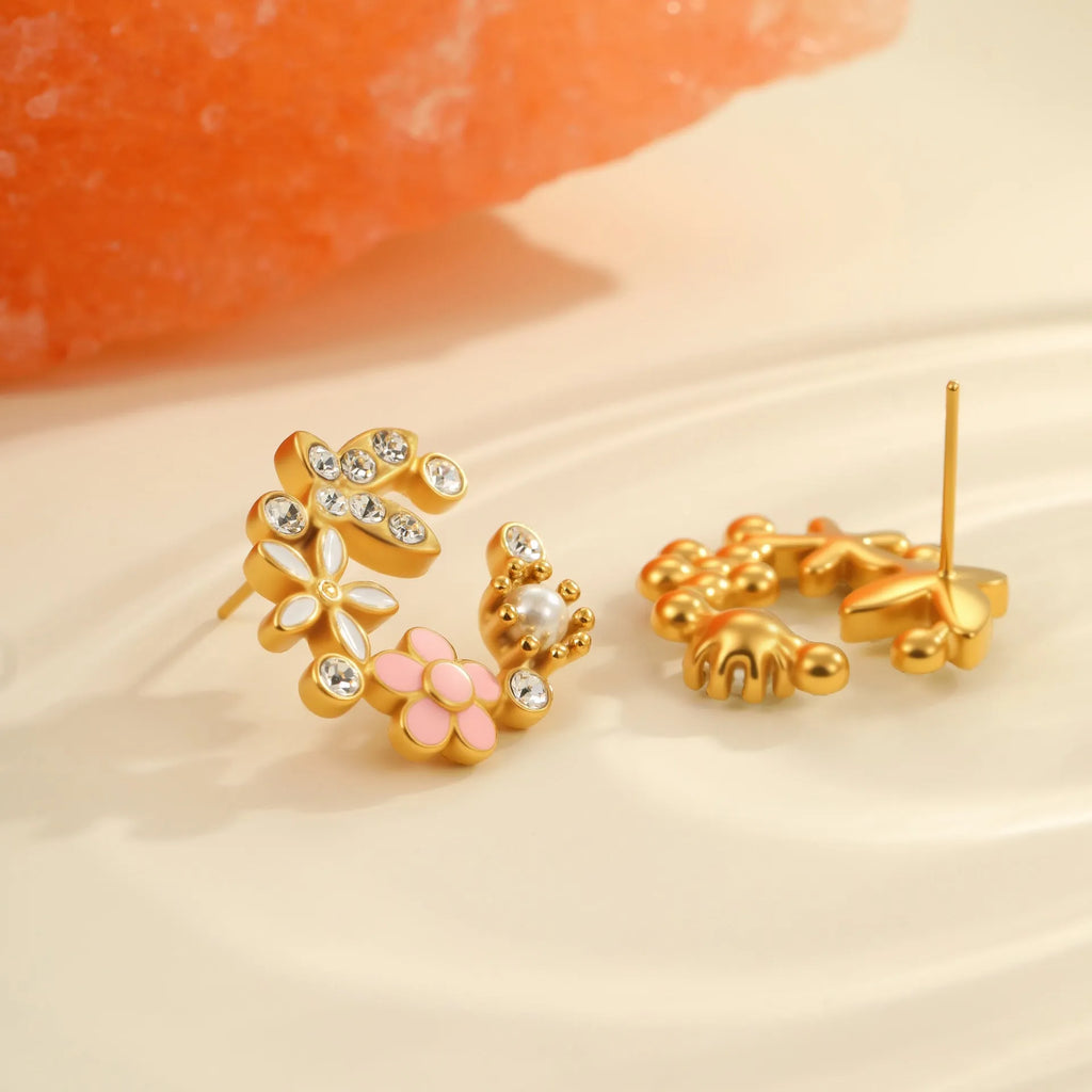 Flower stud earrings with colourful electroplated petals on gold-plated stainless steel