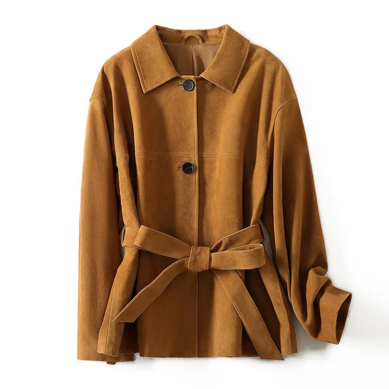 Yellow brown loose-fit cashmere coat with a leather-stitched Peter Pan collar and an attached waist belt.