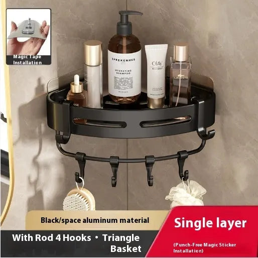 Gun grey wall-mounted bathroom storage rack with corner design and punch-free installation