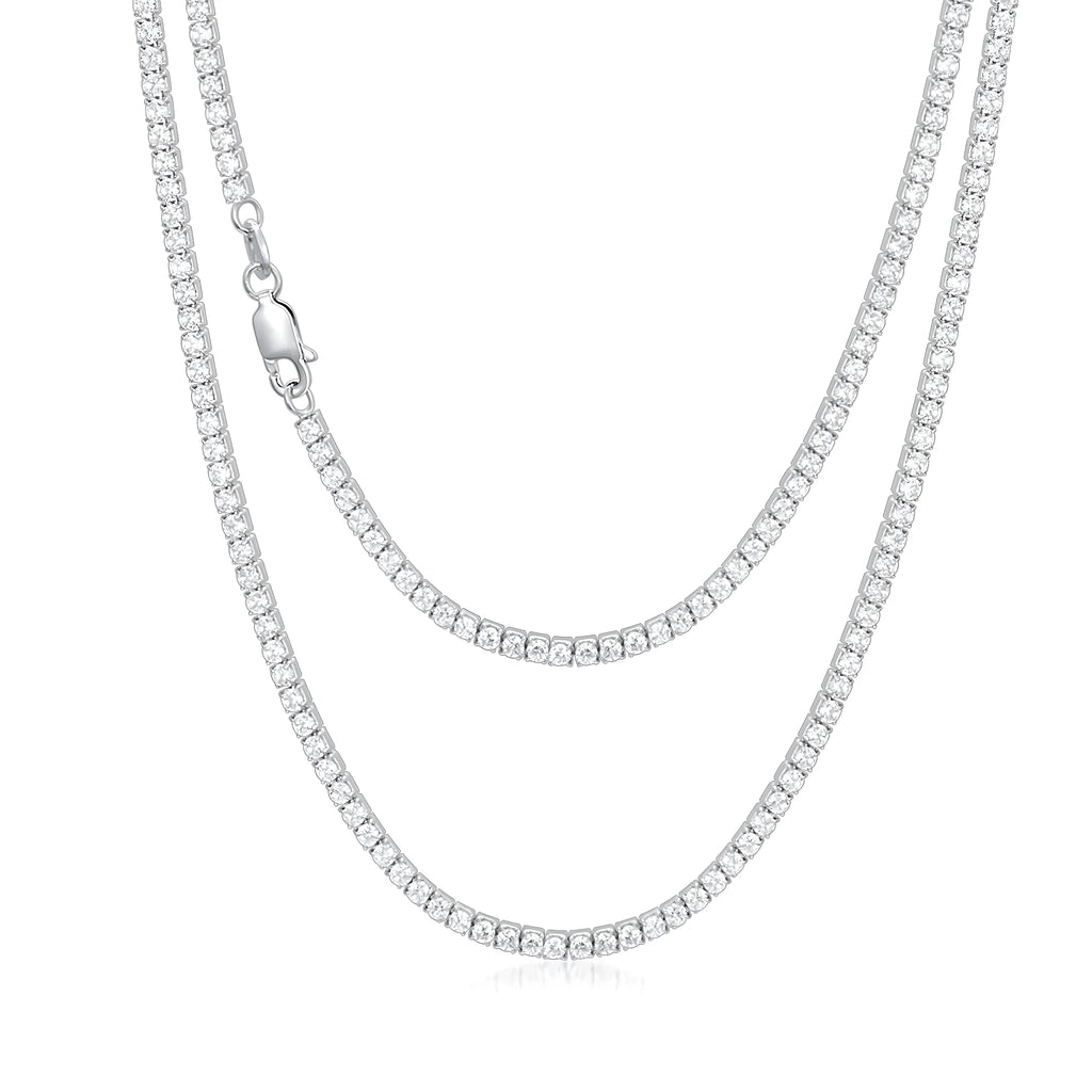925 sterling silver tennis chain necklace with 4mm cubic zirconia stones and white gold plating on white background