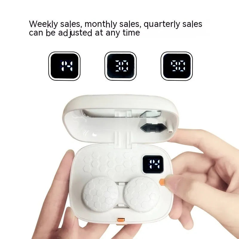 Pearl white automatic ultrasonic flushing instrument for cleaning invisible glasses on a table.