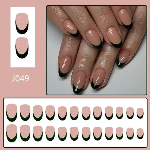 Black French style short almond-shaped false nails set with 24 pieces J049 design