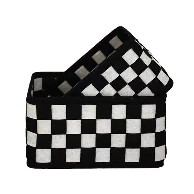 Grey and white checkerboard woven felt storage basket with folded sides, showing dimensions of 37cm by 29cm.