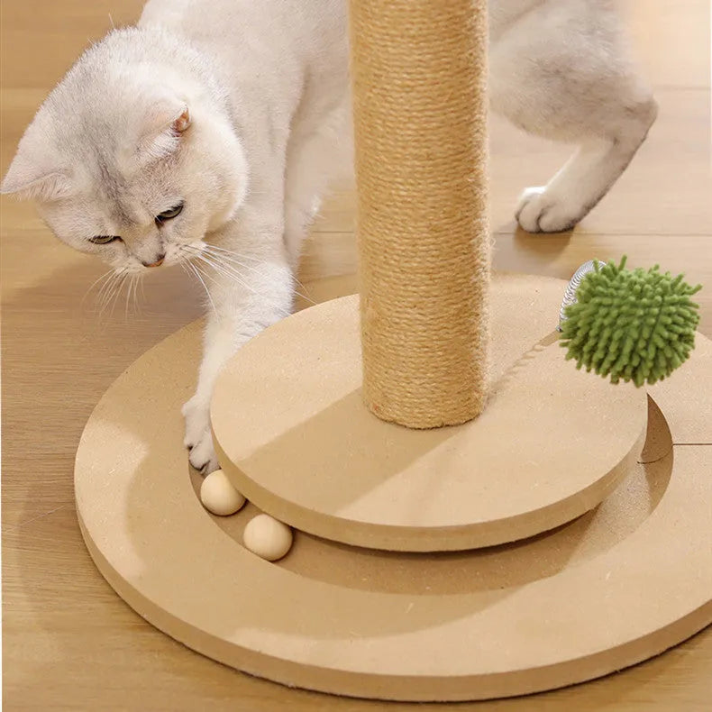Vertical cat climbing frame with natural hemp rope scratching posts in a Canna finish, showing chamfered columns.