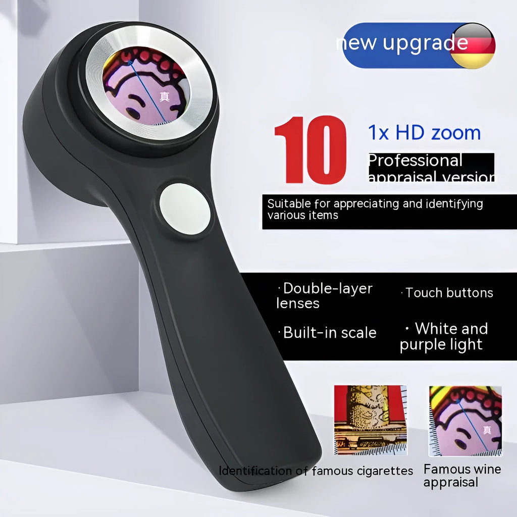 Black and silver electronic magnifying glass for jewellery appraisal with 30X lens and USB C cable.
