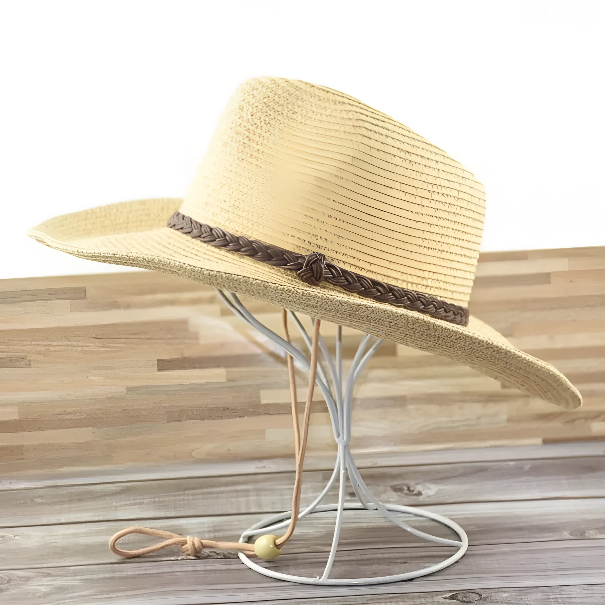 Men's foldable straw sun hat with wide brim in mixed beige colour showing portable design