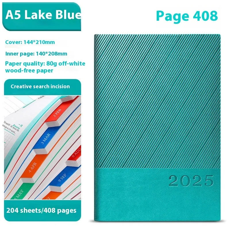 A5 PU leather notepad with striped cover showing bean green colour option next to open pages