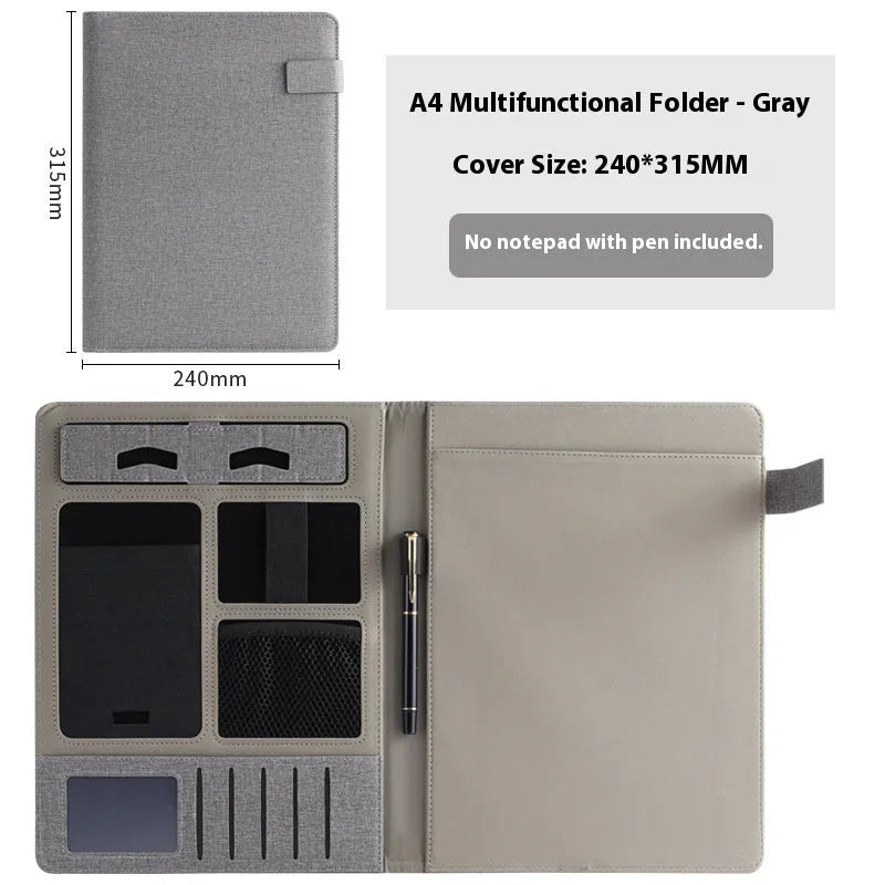 Black leather A4 business folder open, showing interior document space, pen loop, and optional notepad.