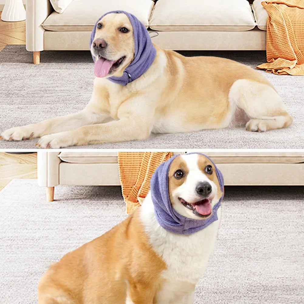 Black dog calming hoodie head wrap with earmuffs on a pet