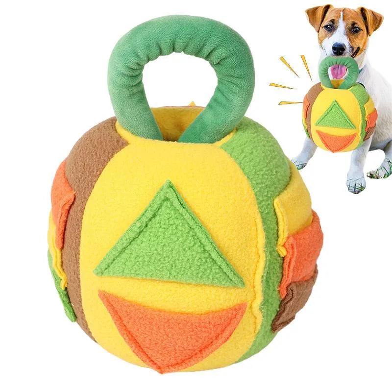 Pink and green squeaky plush ball dog toy with treat pockets for small medium dogs