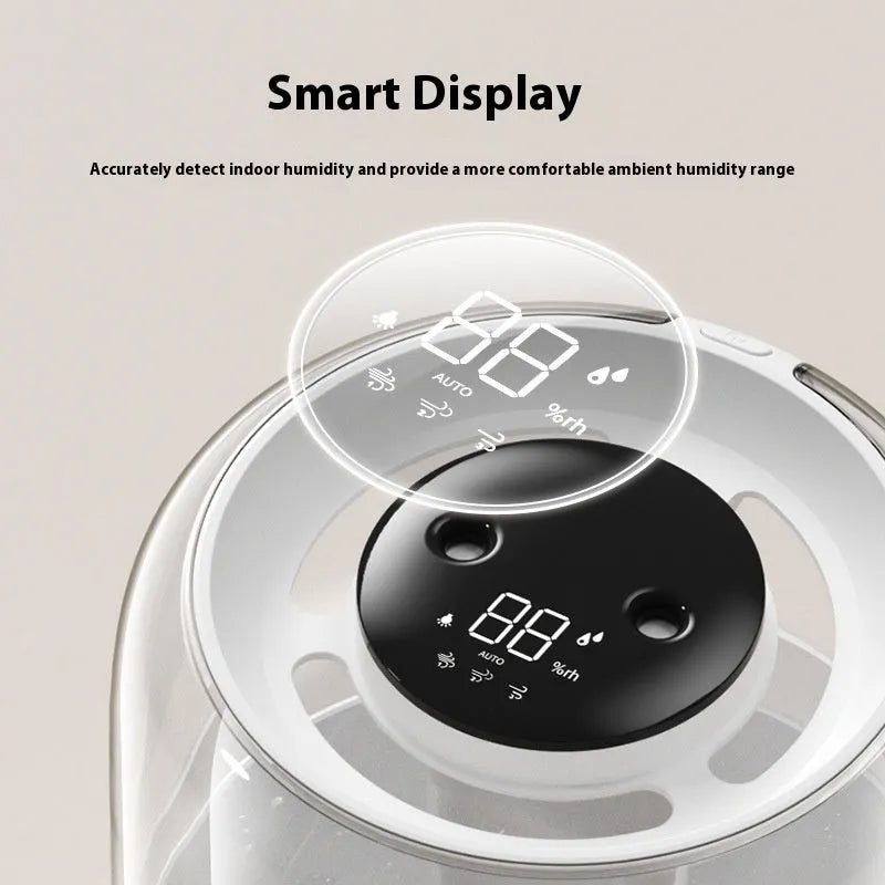 Beige USB humidifier with dual spray nozzles, humidity display, and 5L capacity water tank