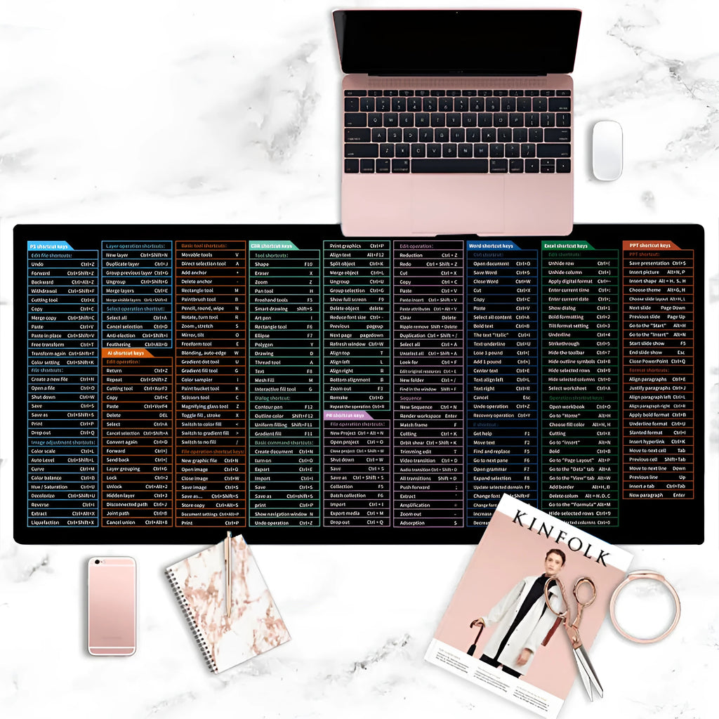Large black office mouse mat with white printed calculator shortcut keys, shown on a wooden desk.