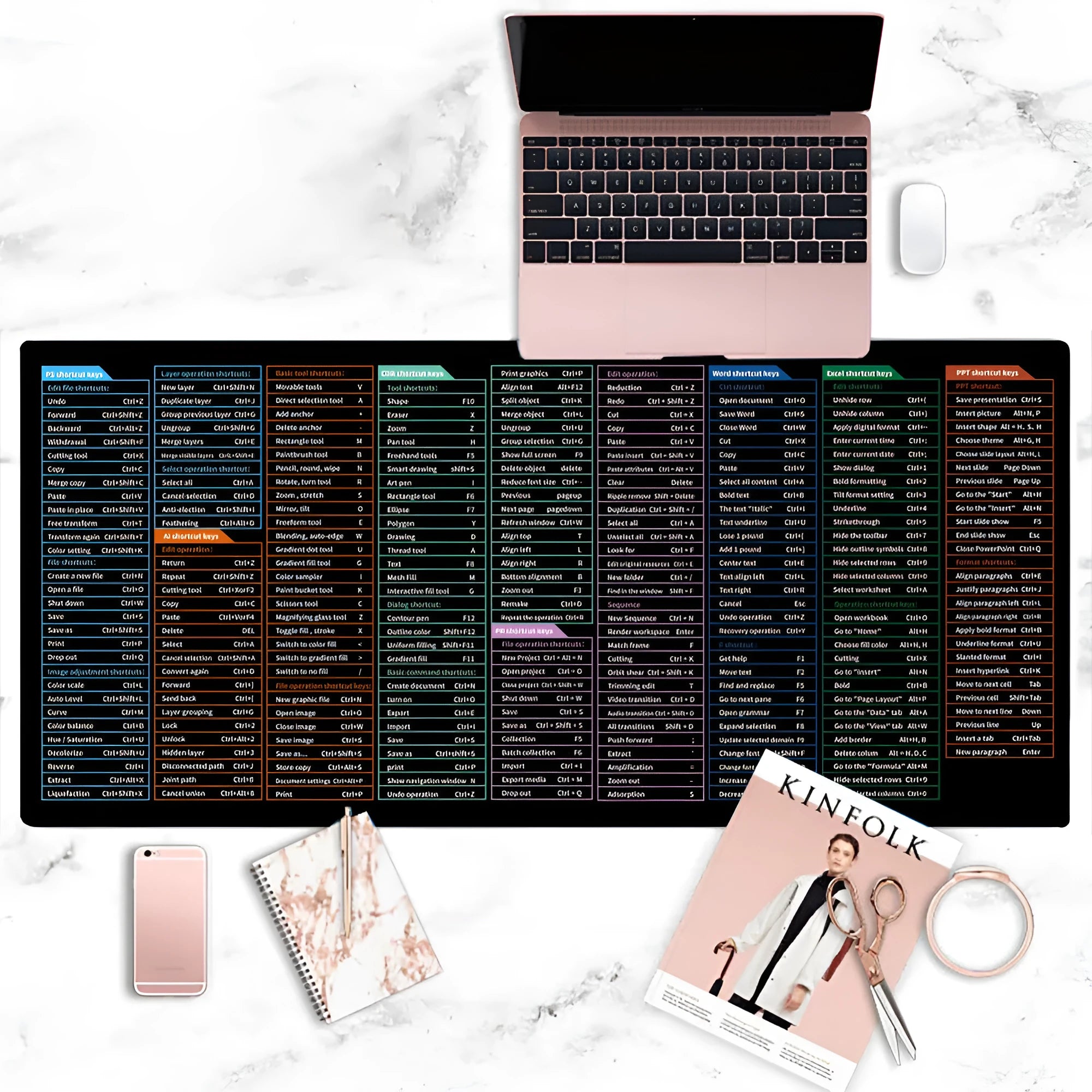 Large black office mouse mat with white printed calculator shortcut keys, shown on a wooden desk.