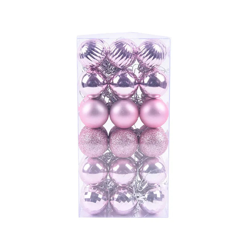 Box of 36 Christmas balls, 4cm diameter, shown in assorted colours including gold, silver, red, and blue