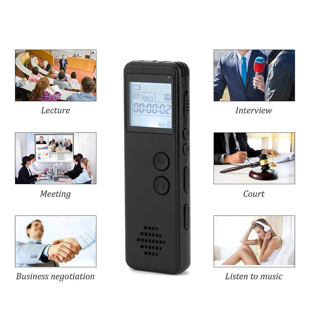 Black matte-finish digital voice recorder showing dot-matrix screen, record button, and USB port.