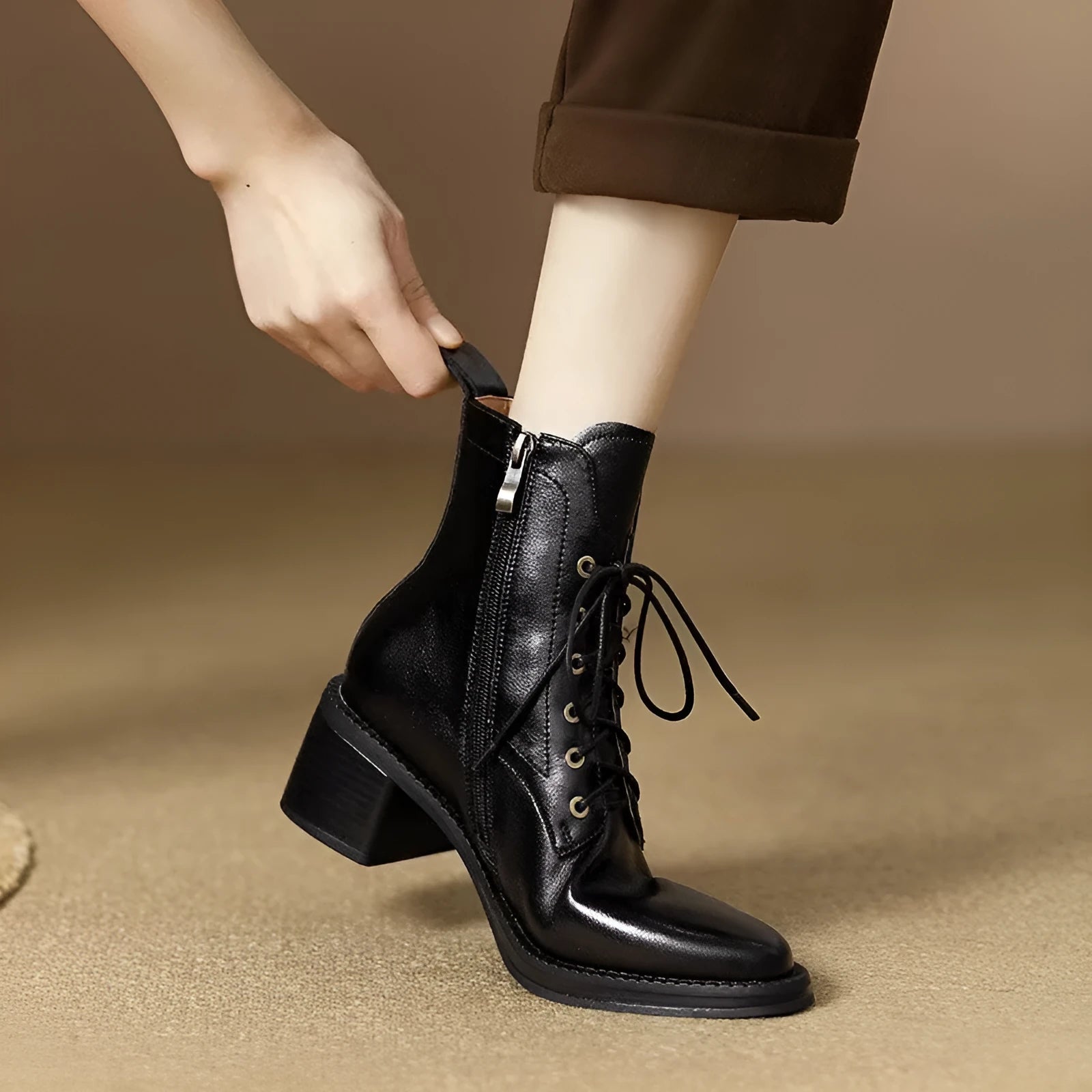 Women's black pointed toe ankle boots with 5.5cm heel and 13cm sock length