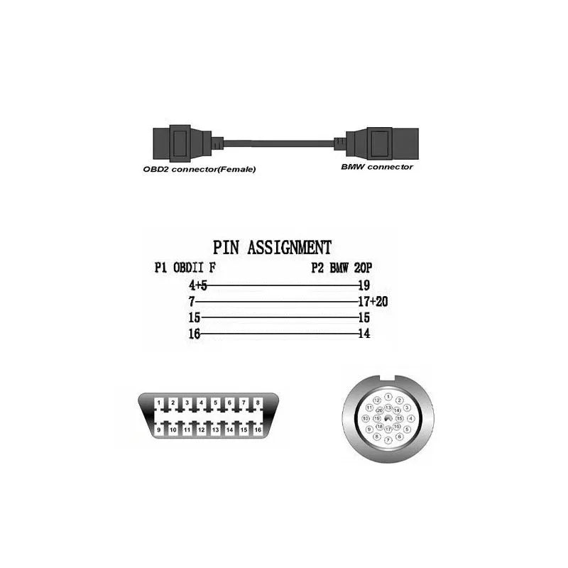 OBD2 adapter cable with black BMW 20-pin male connector and standard 16-pin female OBD2 connector