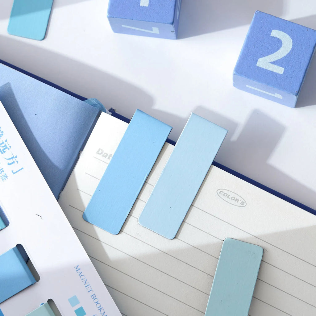 Set of four Morandi colour block magnetic bookmarks showing different colour variations