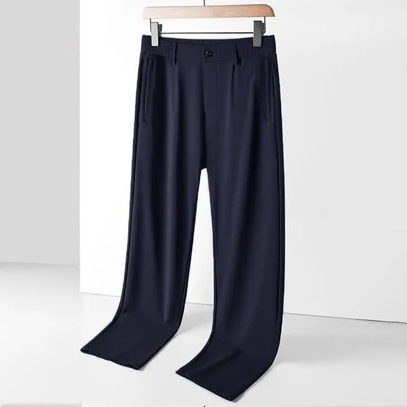 Men's ice silk leisure trousers in straight loose fit with high elasticity waistband