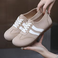 Women's vintage canvas sneakers with round toe and flat heel in dark red and khaki colour options