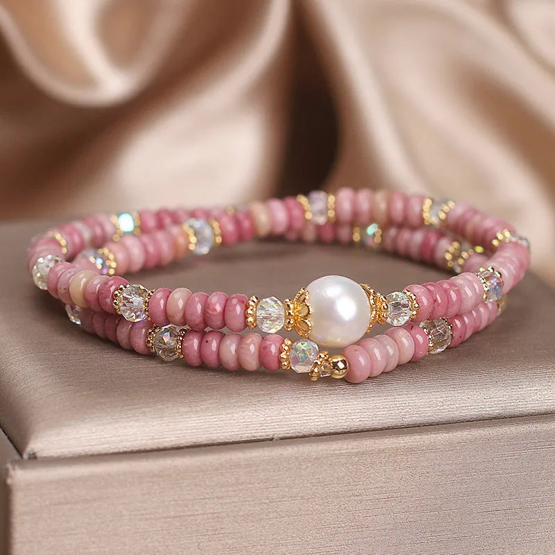 Natural red rhodochrosite and imitation pearl bracelet with chalcedony lotus seedpod pendant for women