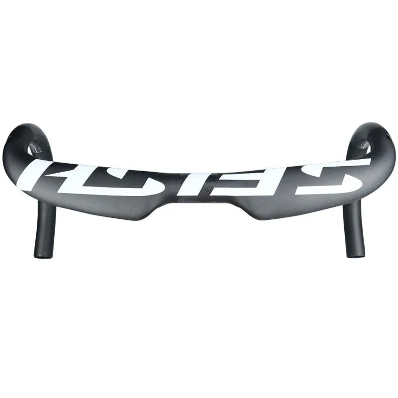 Carbon fibre road bicycle drop handlebar with internal cable routing channels shown in a black finish