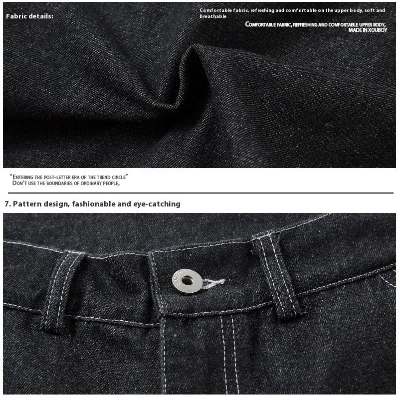 Black pleated work trousers with multiple pockets in cotton denim fabric