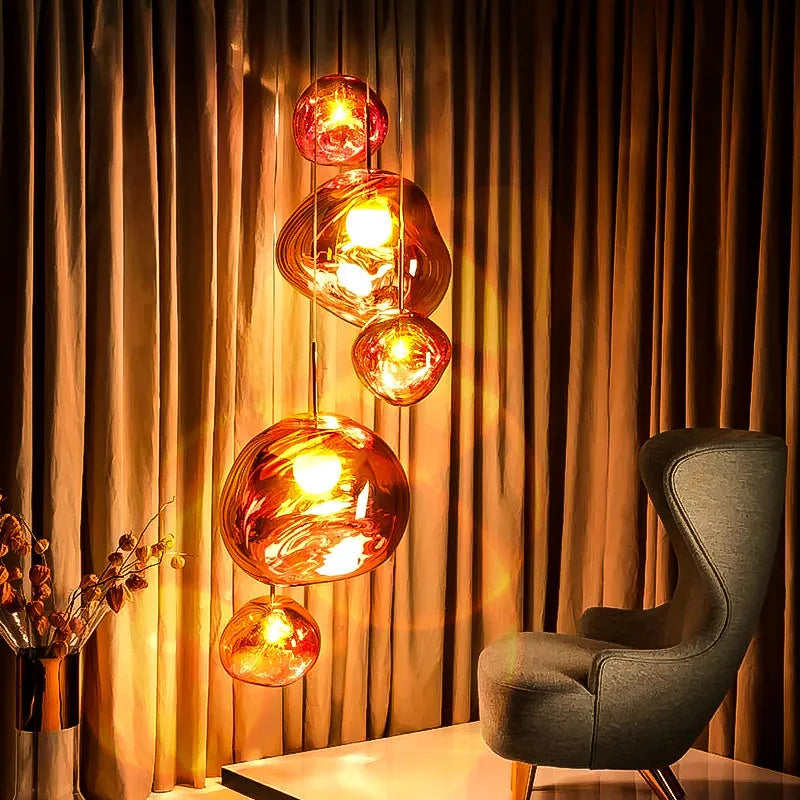 Nordic style irregular glass lava lamp chandelier pendant light in a metallic finish.