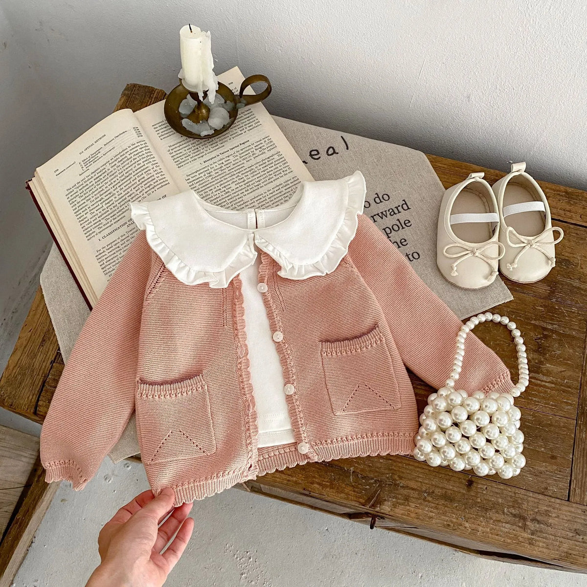 Baby girl cotton knit cardigan in lotus root pink, single-breasted long sleeve, sizes 66cm to 100cm