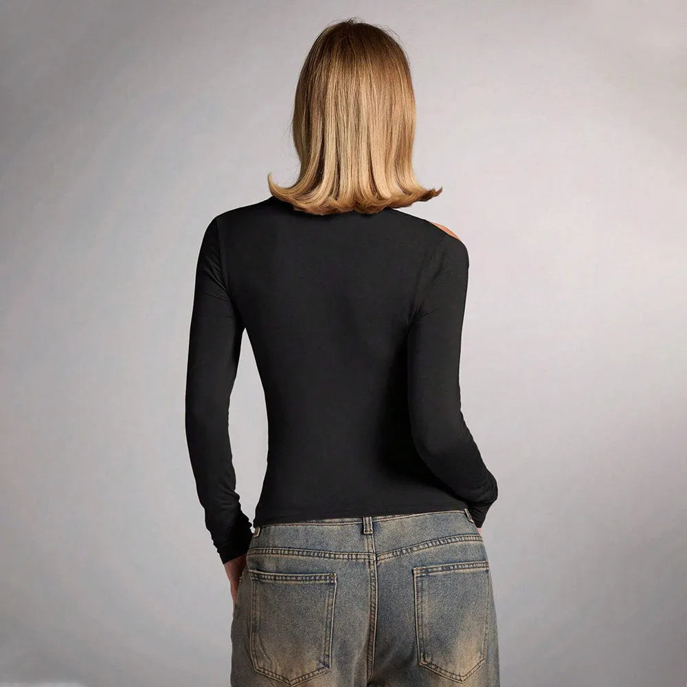 Black women's halter neck top with shoulder-baring design and slim fit silhouette