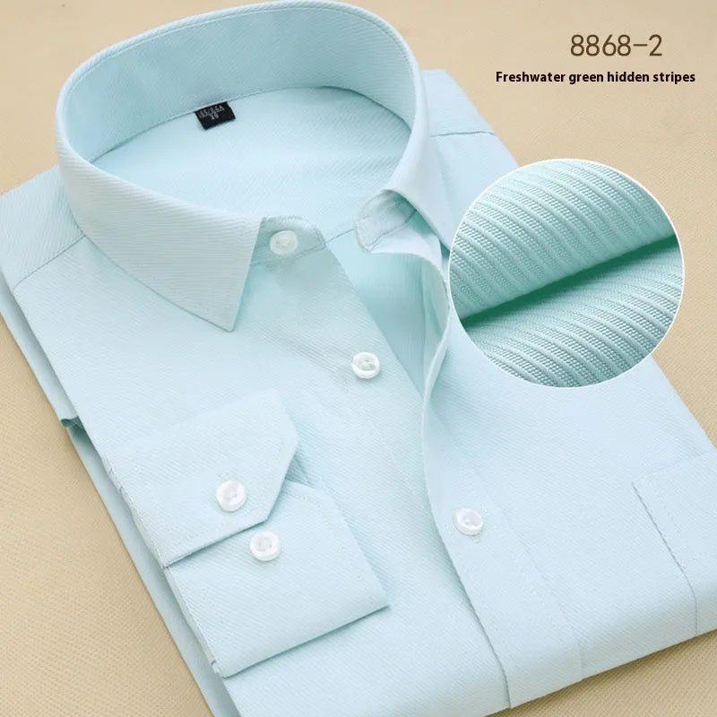 Men's black slim fit business shirt with cardigan collar and long sleeves.