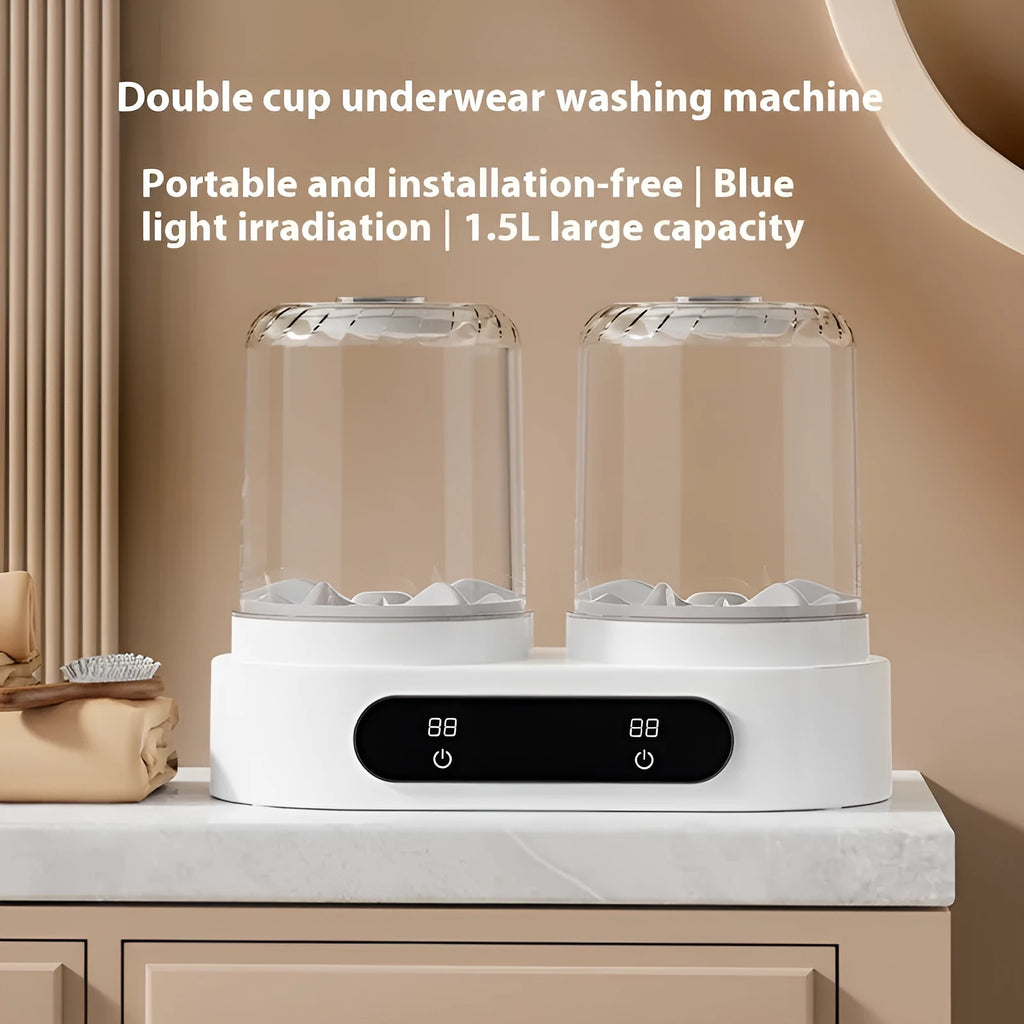 White Double Bucket Laundry Cup mini washing machine with USB cable and two separate washing tubs.