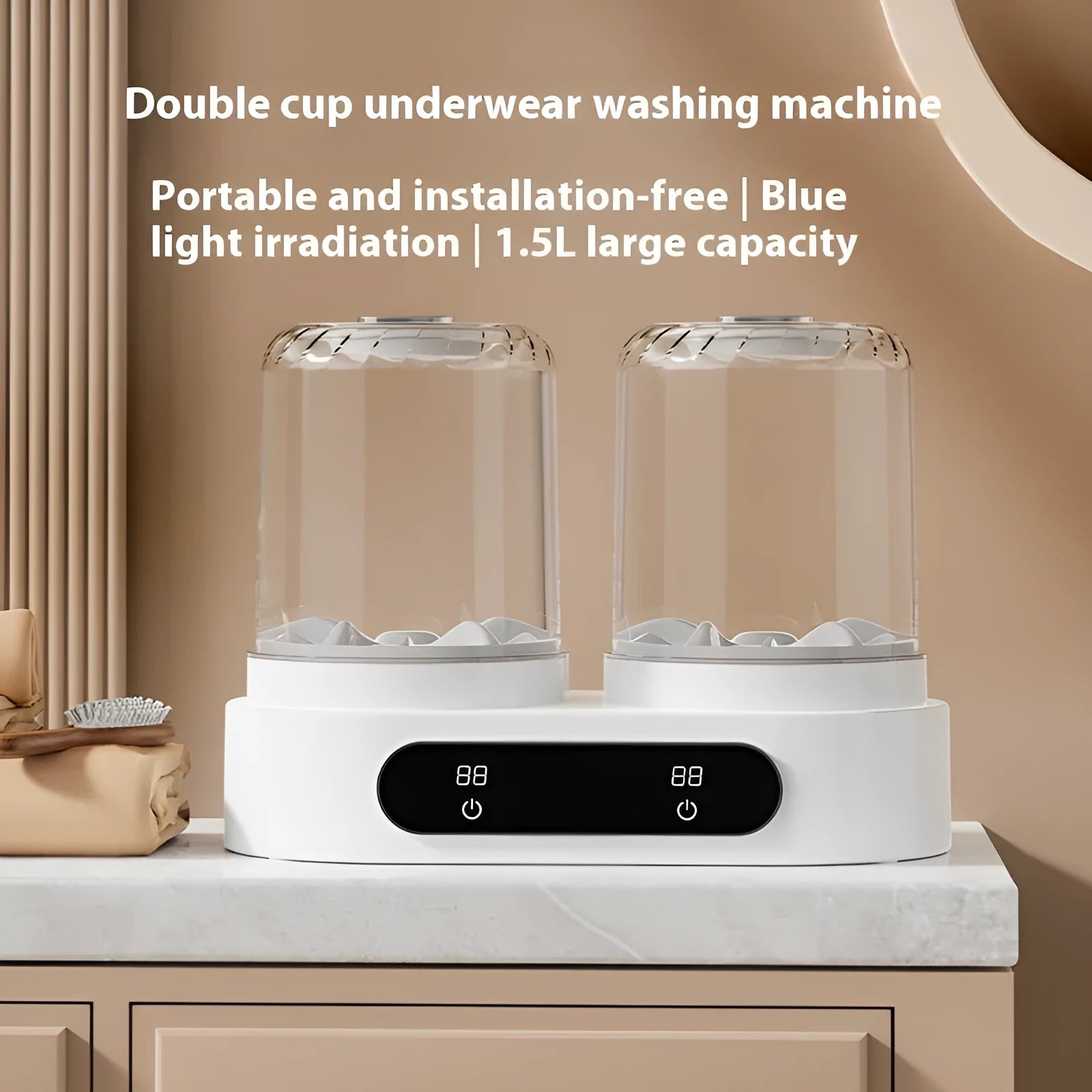 White Double Bucket Laundry Cup mini washing machine with USB cable and two separate washing tubs.