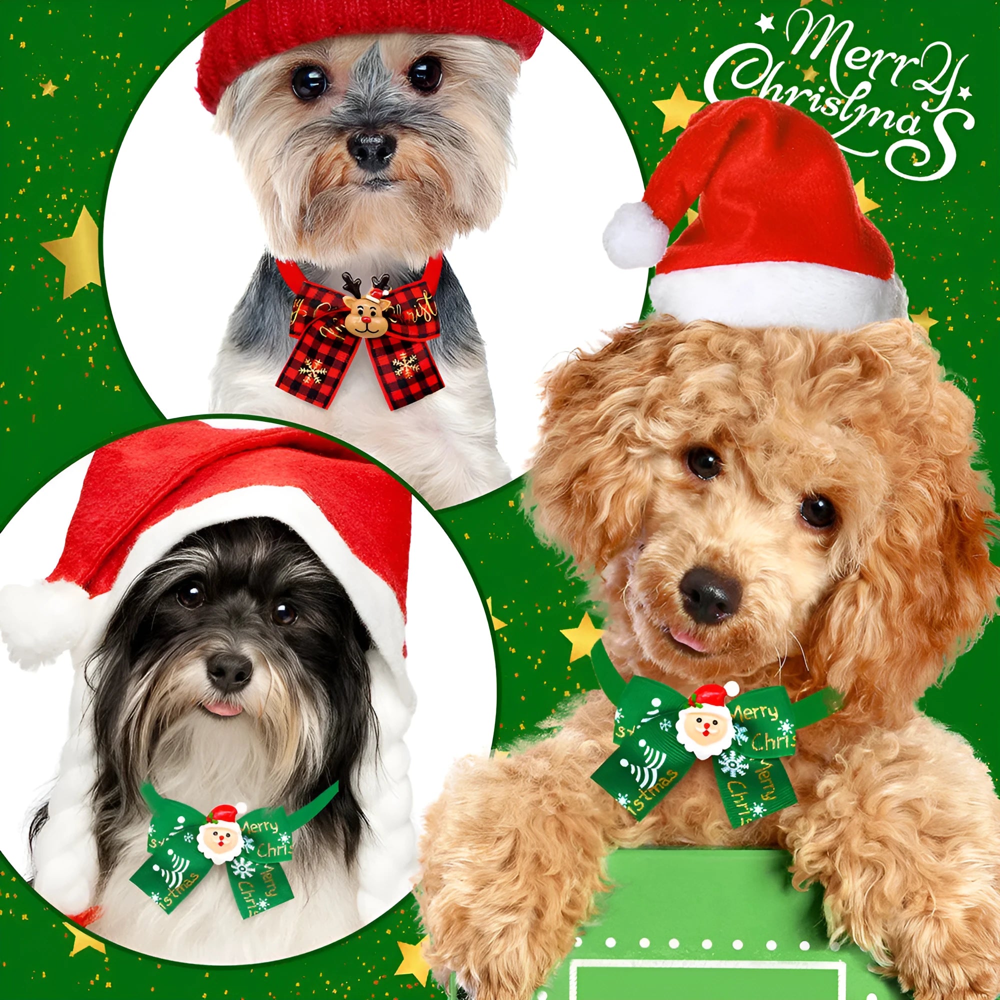 Red and green polyester Christmas pet bow tie in British style on a white background