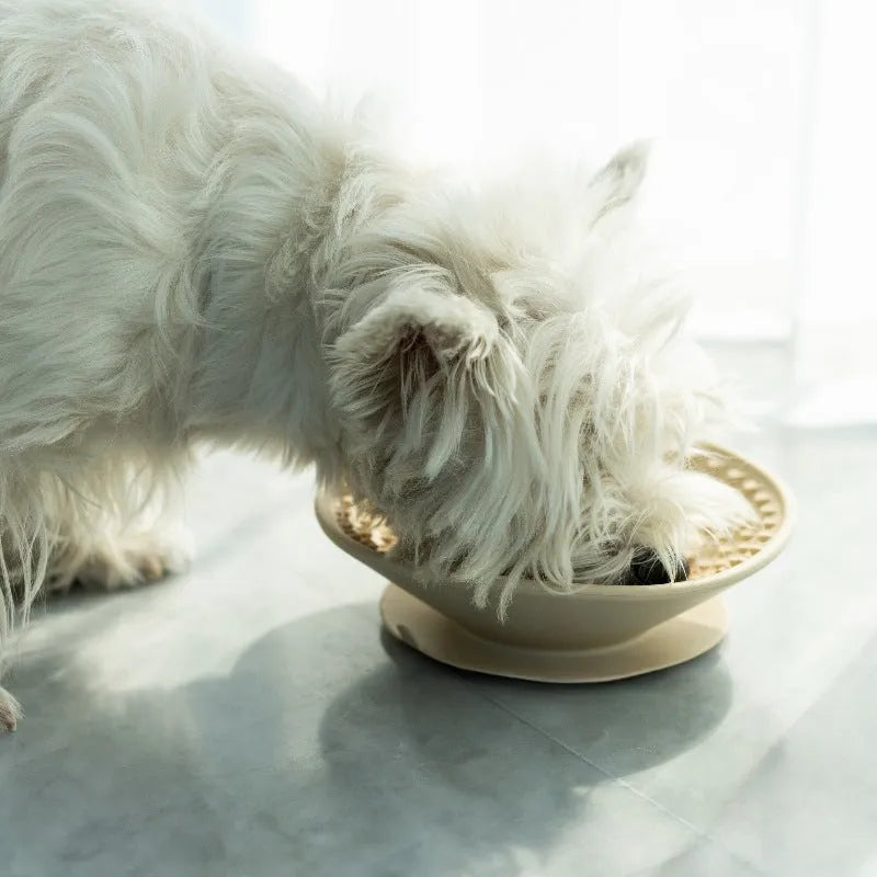 Silicone dog slow feeder bowl with three compartments in coral red colour, 21cm diameter