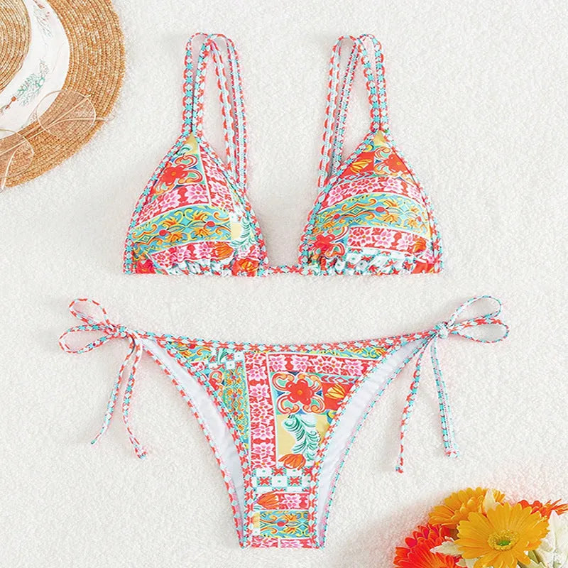 Women's lace-up split bikini swimsuit with backless European styling