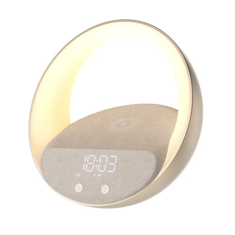 Multifunctional wireless charger clock with Bluetooth speaker, wake-up light, 15W charging, Beige and Gray, 220x176x187mm