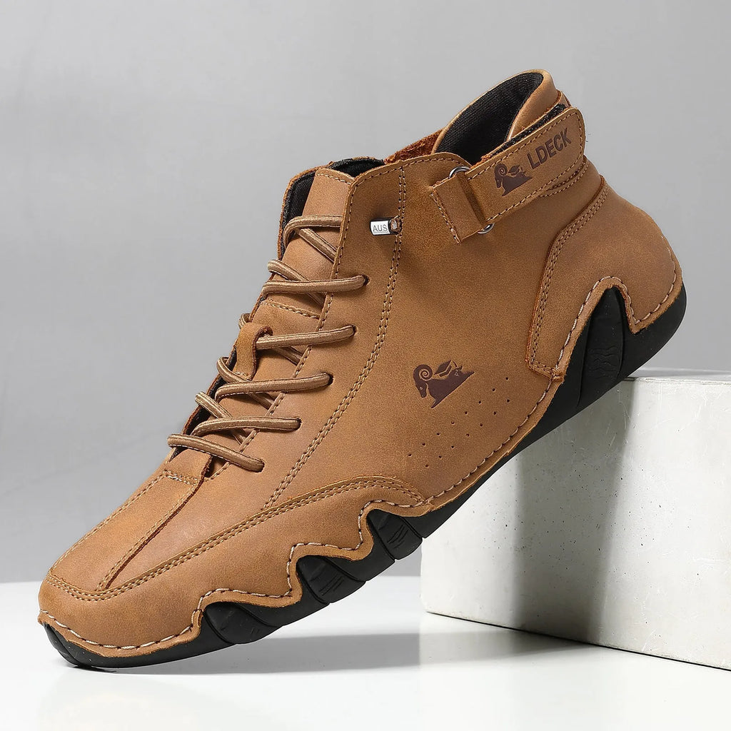 Men's khaki high top octopus shoes with a microfiber upper and non-slip rubber sole.
