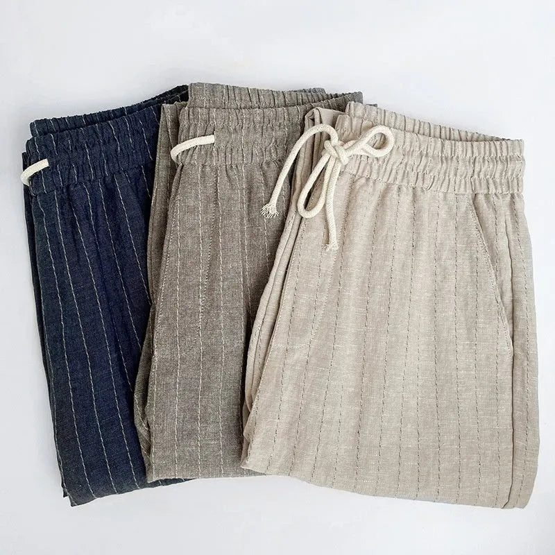 Cotton and linen men's summer thin casual striped cropped pants, khaki stripe colour, side view