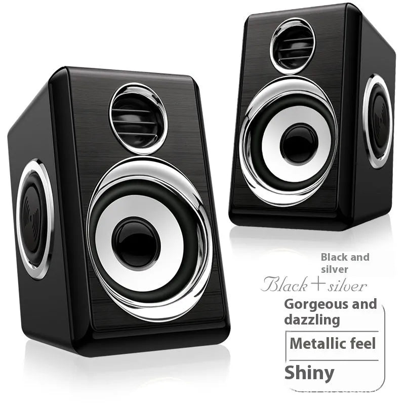 Two compact USB mini speakers in Black Silver finish with extra bass for laptop audio