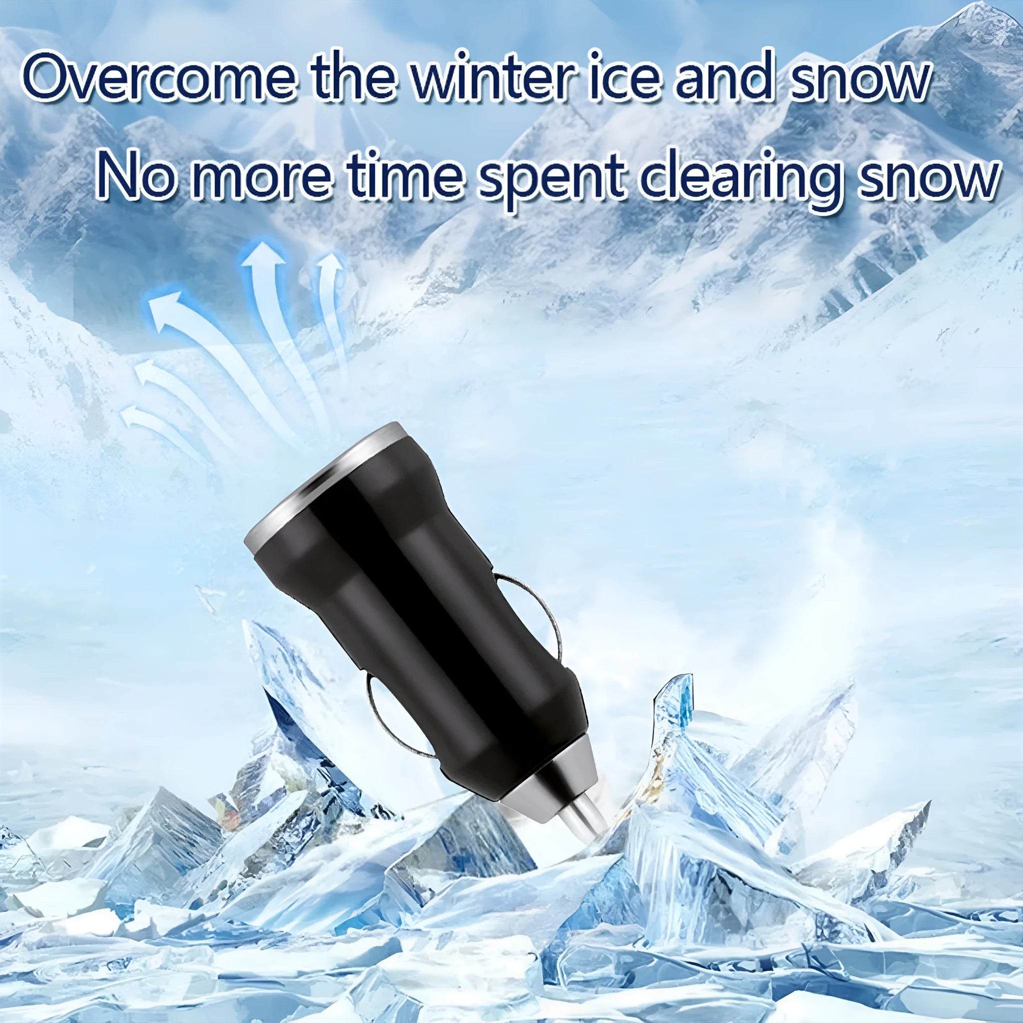 Black portable car snow melting tool and deicer charger measuring 5.5 by 2.3 centimetres