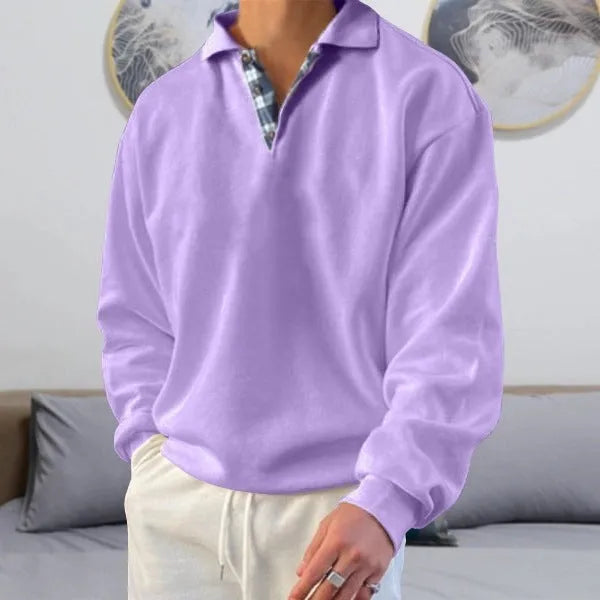 Men's long sleeve V-neck lapel hoodie in loose fit, ten colour options, polyester