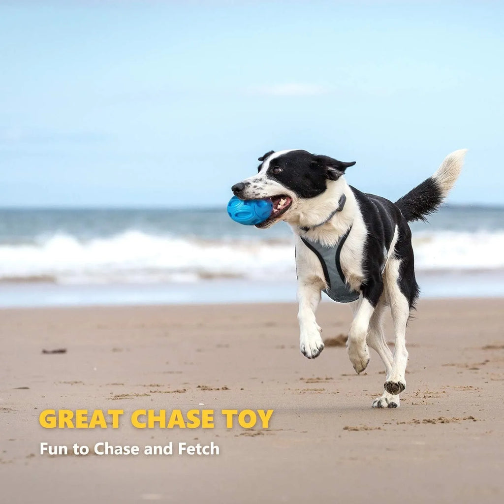 Blue natural rubber squeaky dog toy ball with surface grooves for medium and large breed aggressive chewers