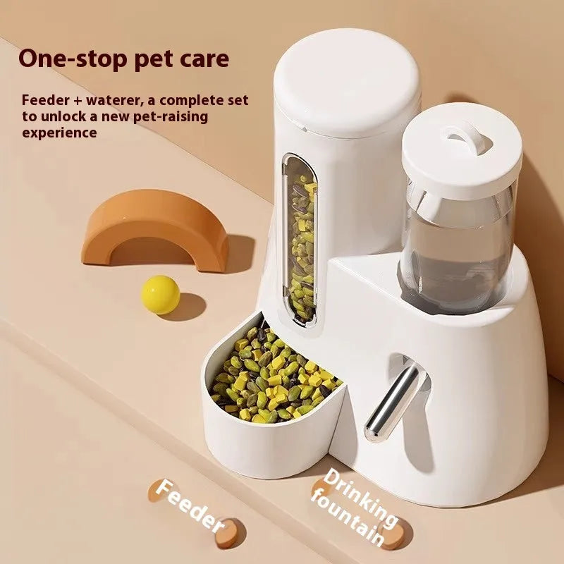 White, blue, and pink hamster automatic drinking water feeder and food basin for cage use.