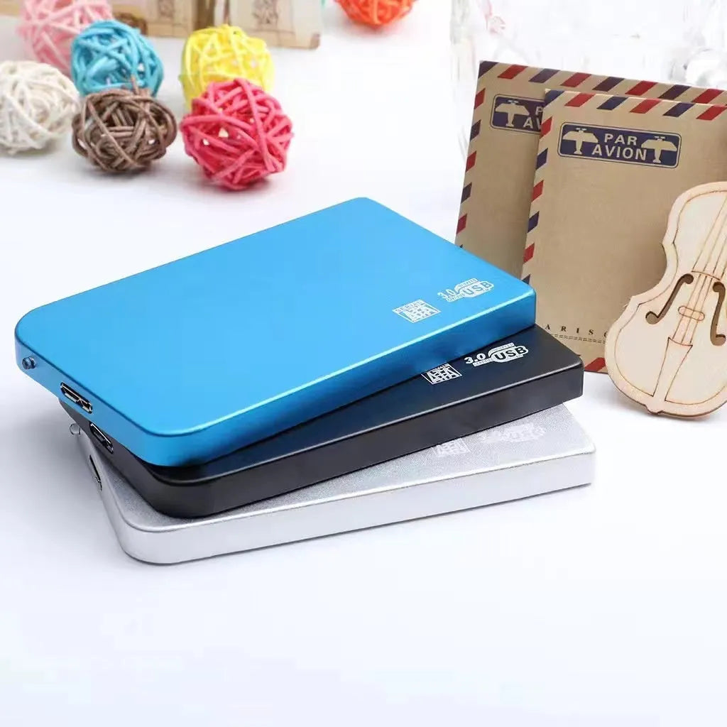 Metal-cased portable solid state hard drive with USB 3.0 cable in black, blue, red, or silver.