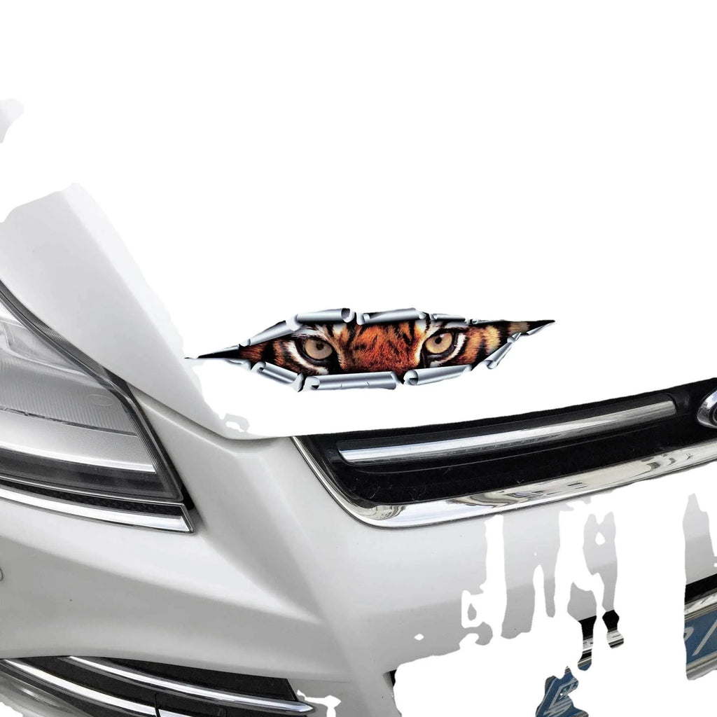 Tiger Eye Eagle Eye 3D car bumper sticker on transparent PVC, 10 cm by 35 cm.