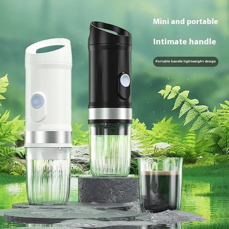 Portable capsule coffee machine in army green with ABS metal body and USB power cord, side view