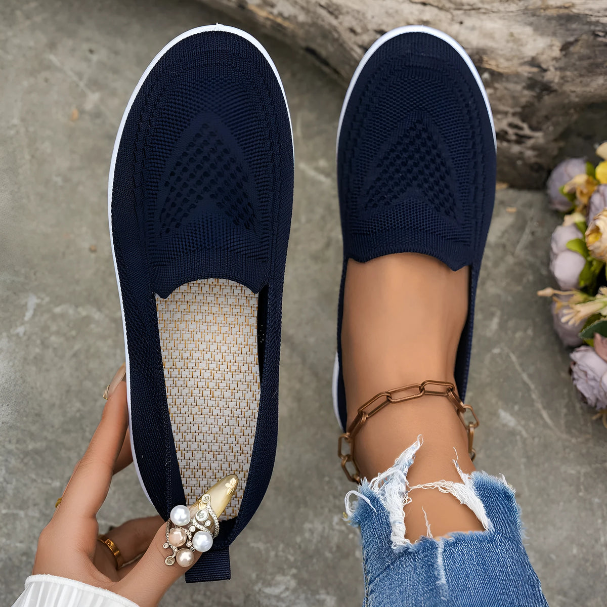Women's mesh trainers with low flat heel and PVC sole, shown in a solid colour casual style