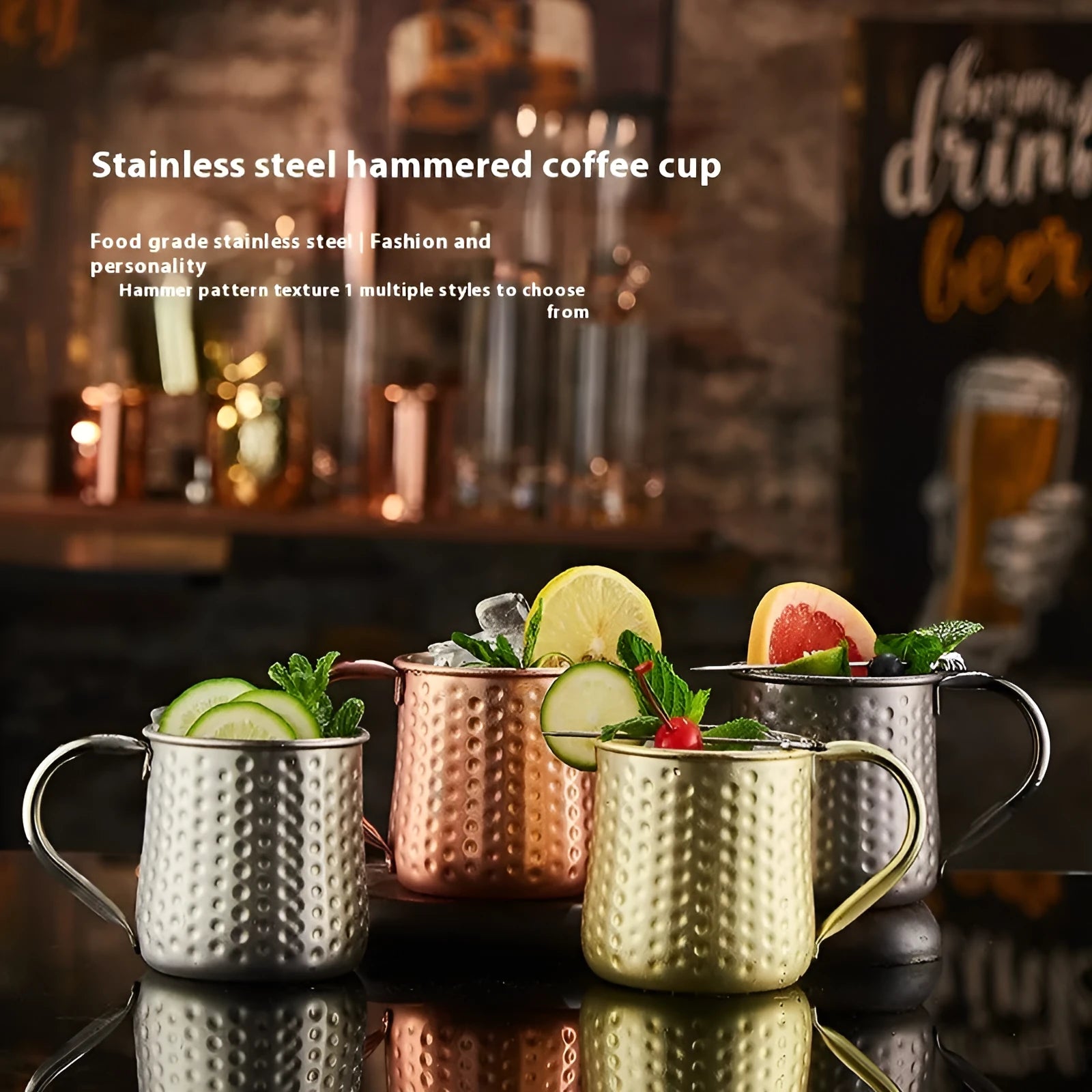 Stainless steel Moscow mule copper cup in choice of colour and size on table
