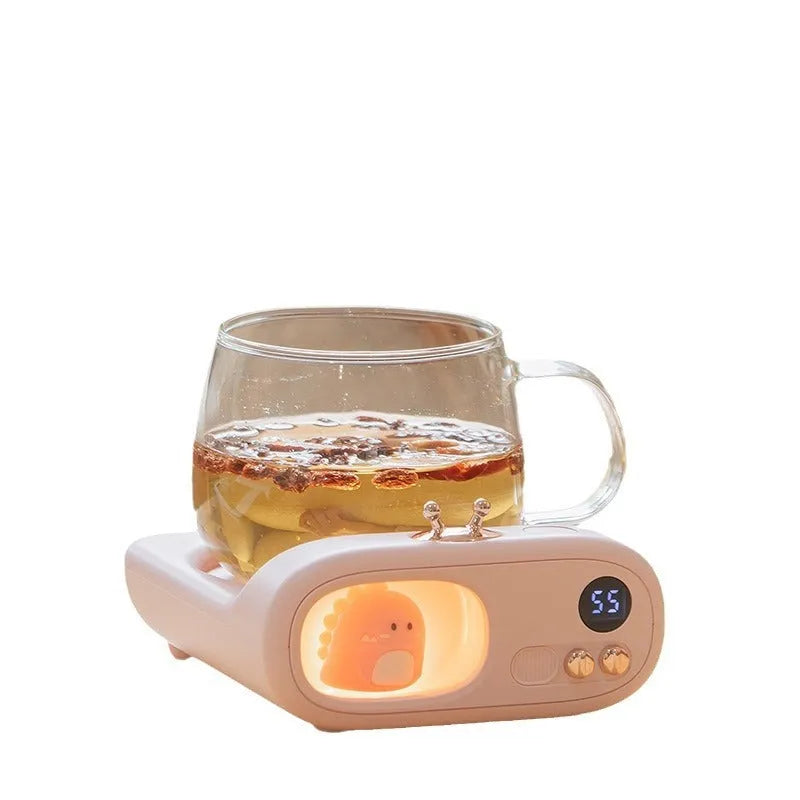 USB heating coaster in Christmas Snowman design with three temperature settings and adjustable timer on a wooden desk